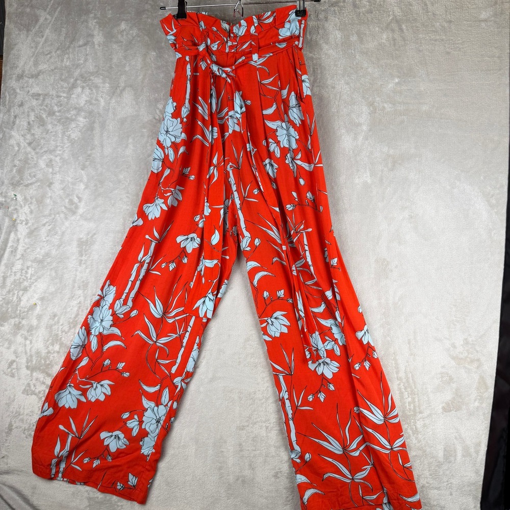 Charlie Holiday Red Floral Wide Leg Paperbag Waist Pants XS USA 2 AU 6